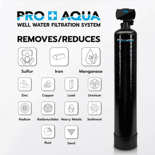 PRO+AQUA Whole House Well Water Filtration System Filters Iron Sulfur  Manganese and More 1 in. Digital Valve 1 cu. ft. PRO-WELL-1E - The Home  Depot