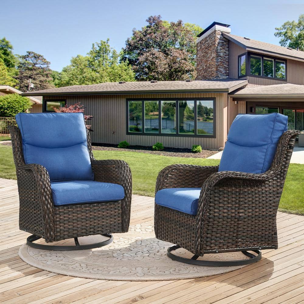 Carolina 2-Person Brown Wicker Outdoor Glider Patio Swivel Chairs with Blue Thick Smiley Cushions price history on PriceWatchPro