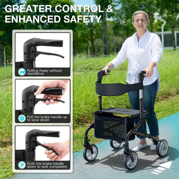 Anqtovp 4-Wheel Rollator Walker with Seat, Foldable Rolling Walker