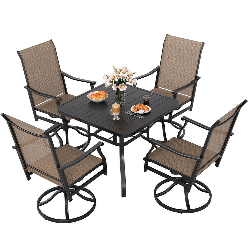 5-Piece Outdoor Dining Set Swivel Patio Chairs with Textilene Fabric and Dining Table with Umbrella Hole in Brown price history on PriceWatchPro
