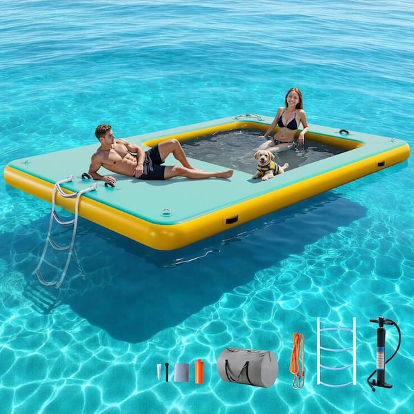 Inflatable Floating Dock 12ft. x 8ft. with Mesh Area, Non-Slip PVC Surface, Yellow and Mint Green, 7-9 People Use