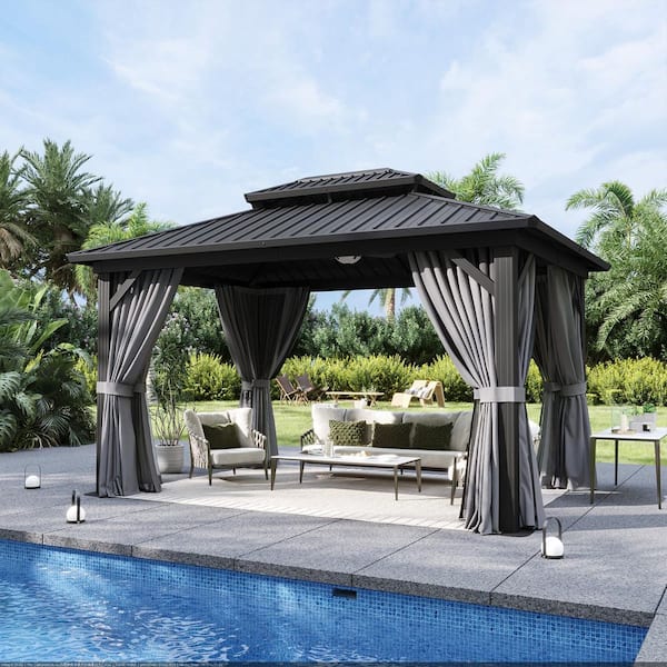 10 ft. x 14 ft. Outdoor Black Aluminum Hardtop Gazebo with Galvanized Steel Double Roof, Privacy Curtain, Mosquito Net