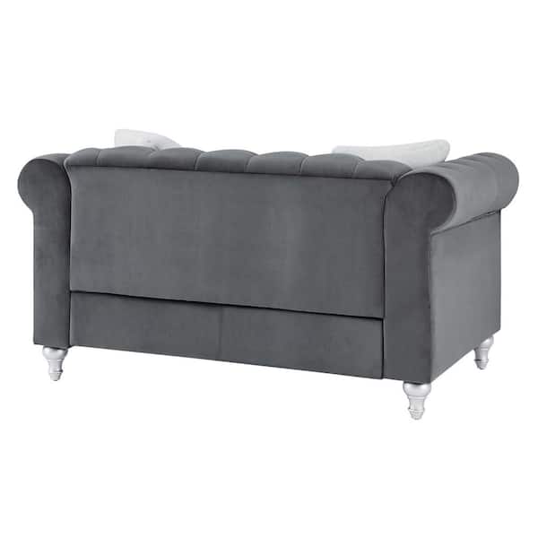 Andmakers Raisa 60 In Gray Round Arm Straight Velvet 2 Seater Sofa With Throw Pillow Pf G860a L The