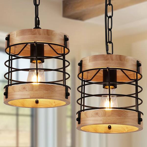 YANSUN 8 in 1-Light Retro Industrial Metal and White Wood Pendant Light,  Round Cage Chandelier for Kitchen, Dining Room, or Bar HA-ZX16501AGW-2AP1 -  