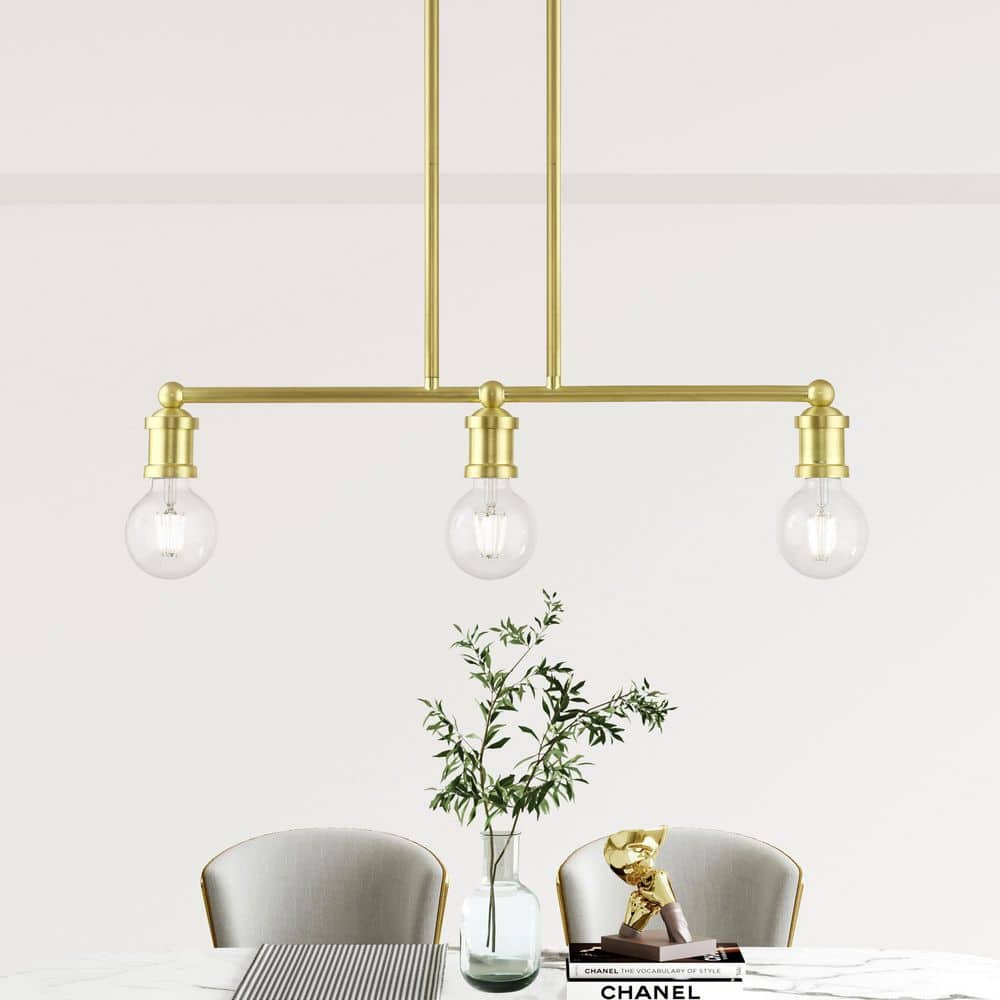 Lansdale Satin Brass 3-Light Linear Chandelier with Exposed Bulbs