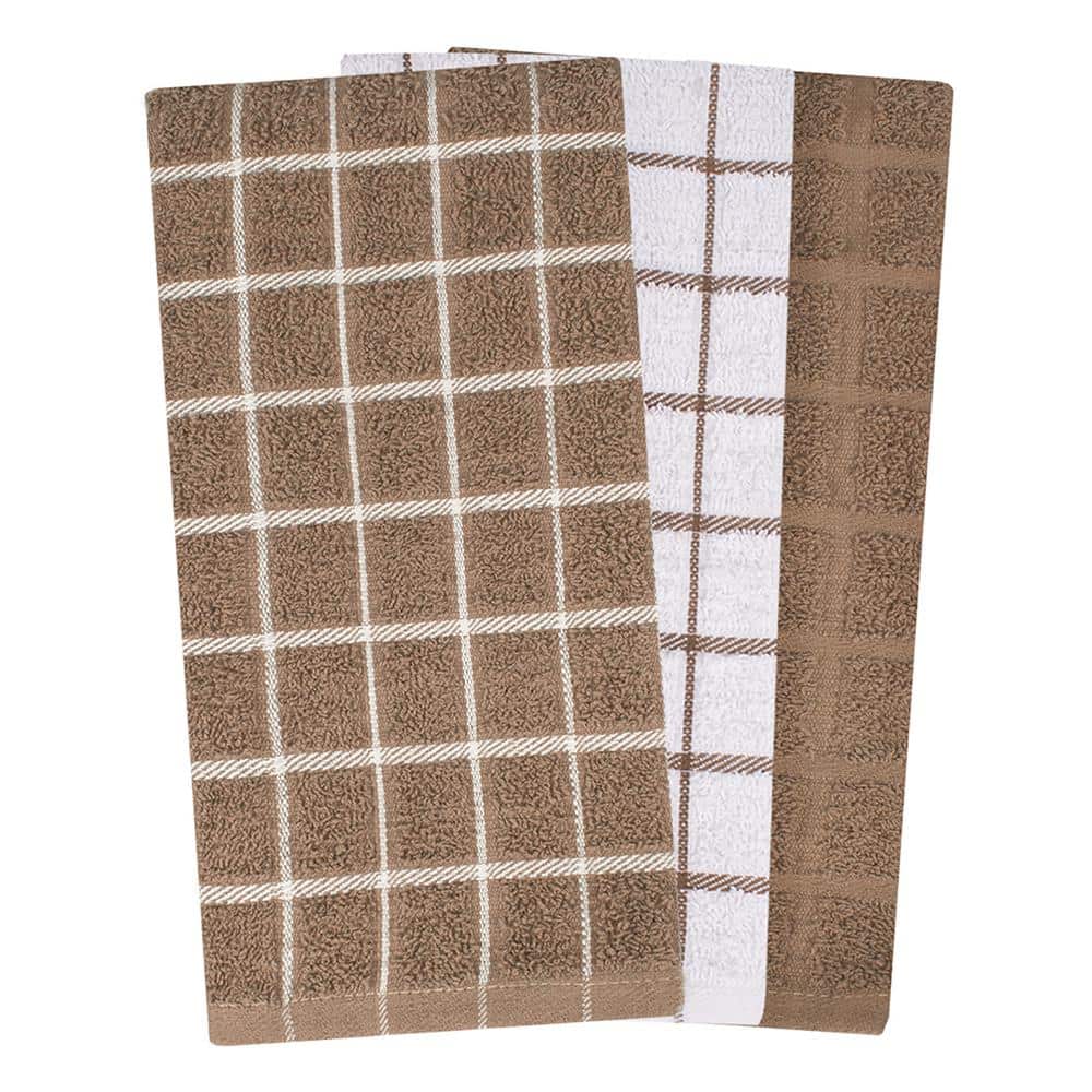 Mocha and White Terry Cotton Kitchen Towel Set, 3-Pack