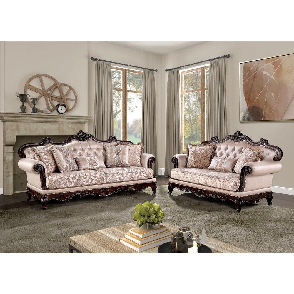 Light Brown Floral Fabric Camelback Loveseat with Nailhead Trim