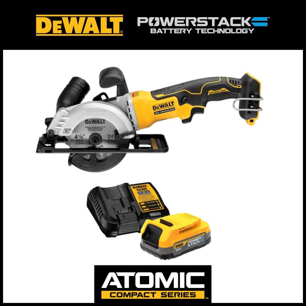 DEWALT ATOMIC 20V MAX Cordless Brushless 4-1/2 in. Circular Saw and 20V MAX  POWERSTACK Compact Battery Starter Kit DCS571BWP034C The Home Depot