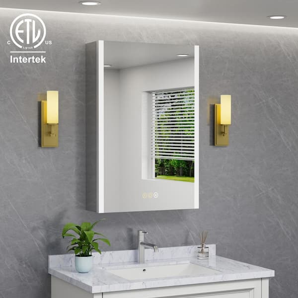 HBEZON Eos 16 in. W x 24 in. H Rectangular Aluminum Surface/Recessed Medicine Cabinet with Mirror and Light, Left Hinge