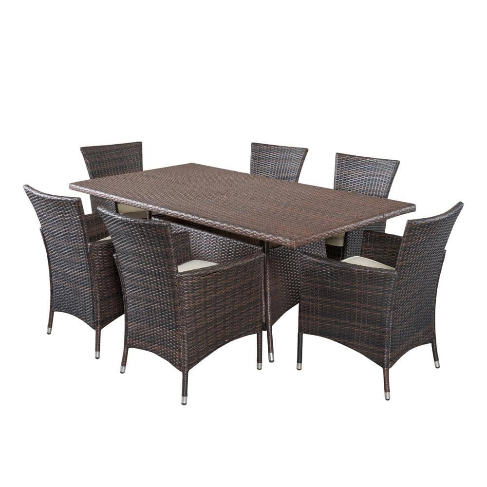 Multibrown Iron and Wicker 6-Person Patio Dining Set with Cushions