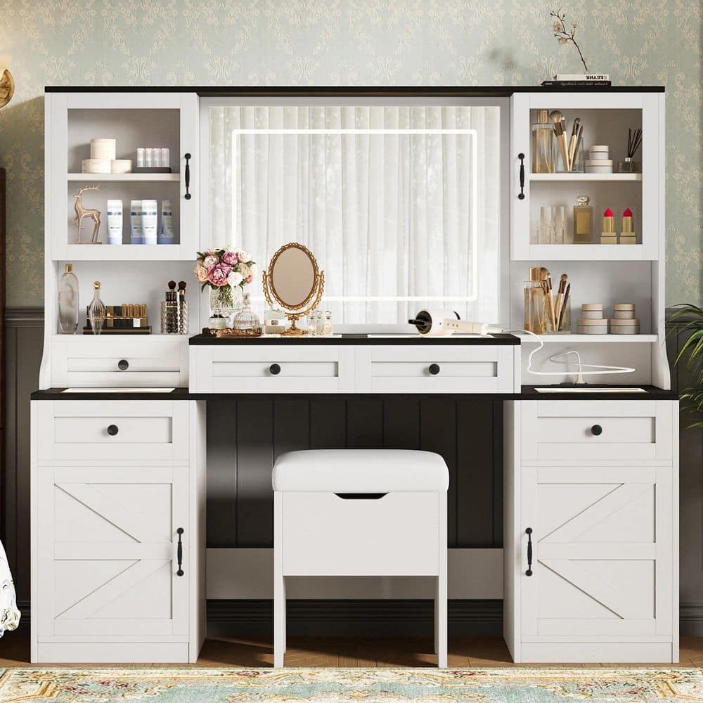 2-Piece White Makeup Vanity Set with Mirror, LED Lights, Drawers, Glass Visual Desktop and Cushion Stool - thumbnail 9