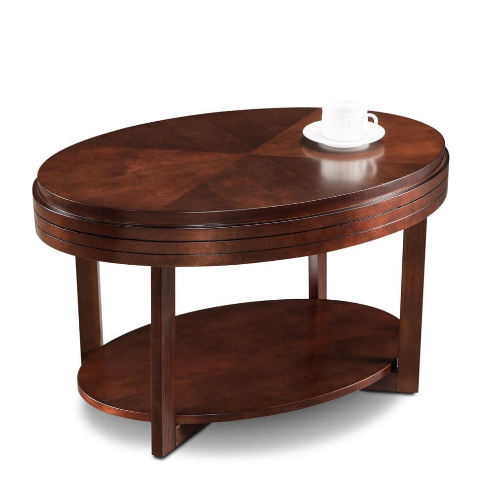 Oval Chocolate Wood Coffee Table with Storage Shelf