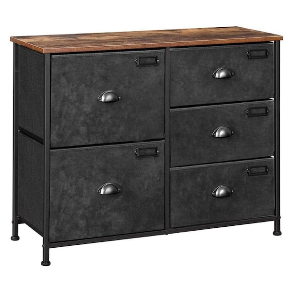 Benjara Sam 11.8 in. x 27.6 in. Rustic Brown Wood Dresser with 5-Fabric Drawers and Metal Handles