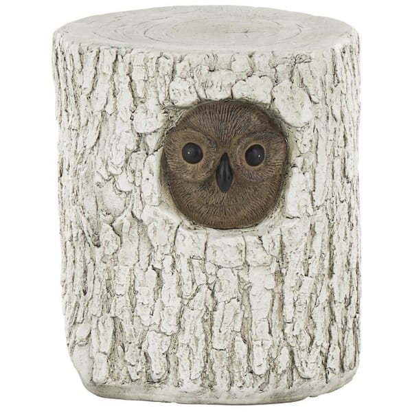 Litton Lane White Magnesium Oxide Ceramic Owl Tree Trunk Garden Stool with Brown Accents