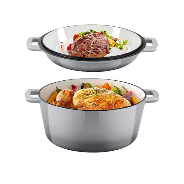 5 qt. Enameled Cast Iron Round Dutch Oven with 2 qt. Skillet Lid Grey Oven Safe Compatible with All Cooktops