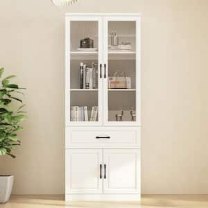 31.5 in. Wide x 78.9 in. H 4-Shelf White Wood Standard Bookcase Bookshelf With Tempered Glass Doors, Cabinet, Drawer