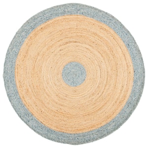 Braided Light Blue/Gold 6 ft. x 6 ft. Round Solid Border Area Rug