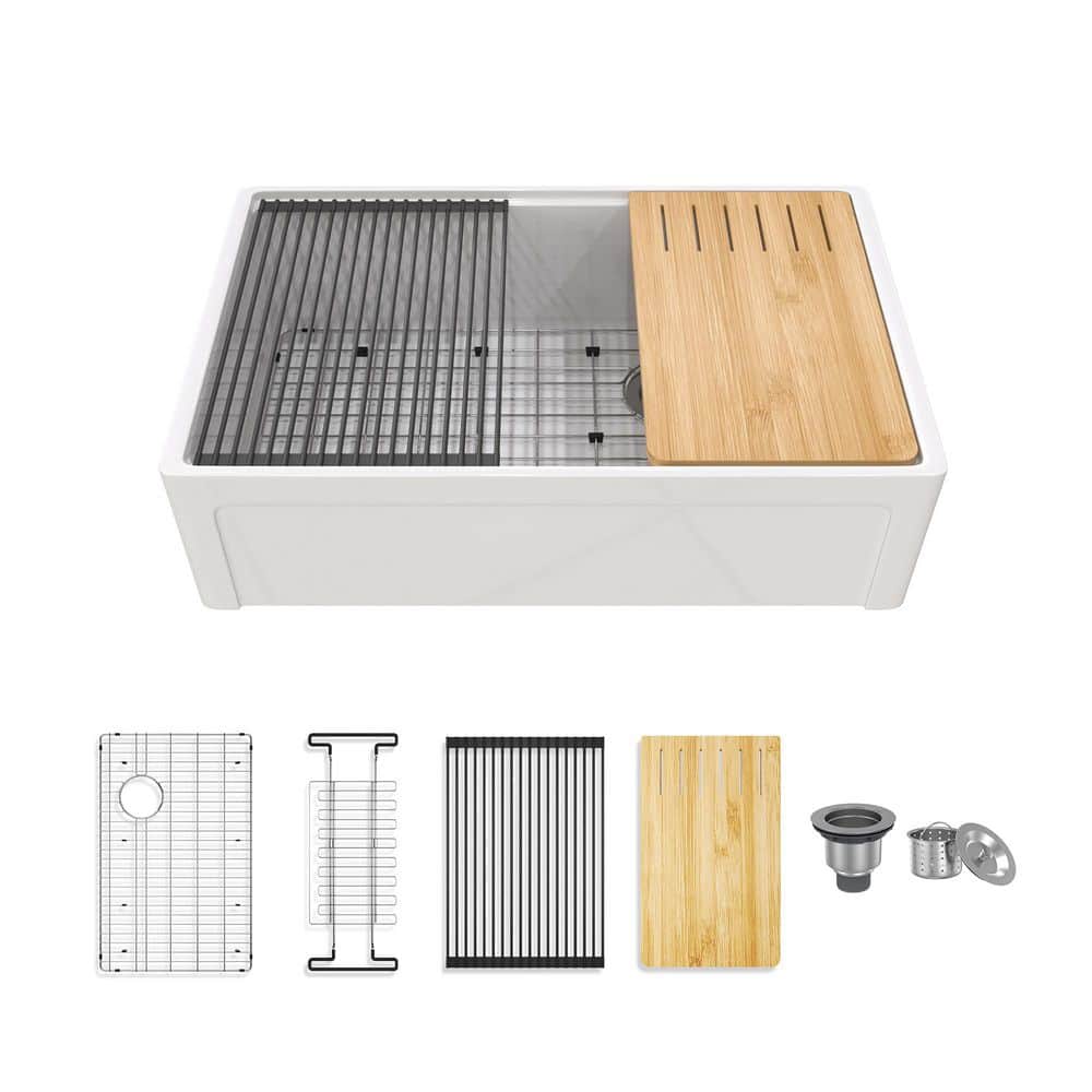 33 in. Farmhouse Double Bowl White Fireclay Workstation Kitchen Sink Dryingrack Plus Cutting Board Plus Bottom Grid More price history on PriceWatchPro