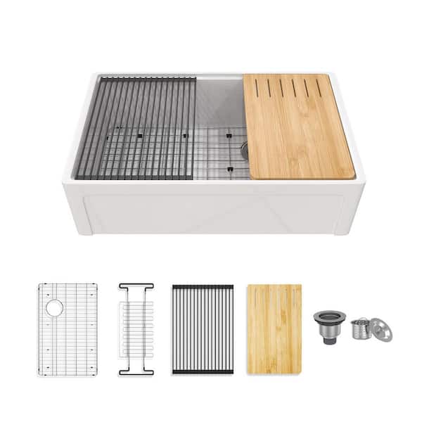 33 in. Farmhouse Double Bowl White Fireclay Workstation Kitchen Sink Dryingrack Plus Cutting Board Plus Bottom Grid More