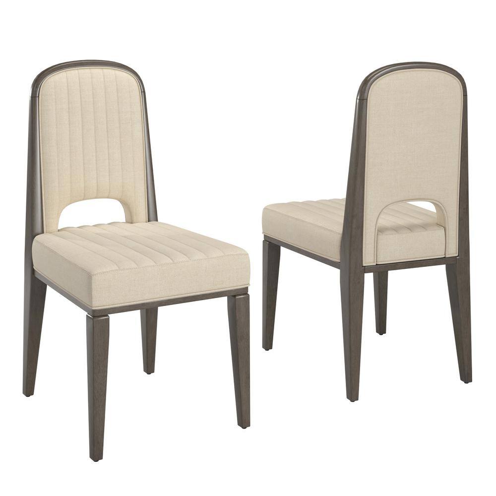 Gray Wood Finish Cream Fabric Channel Stitching Dining Chair (Set Of 2)
