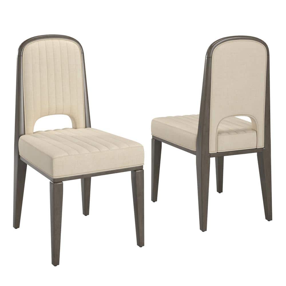 Gray Wood Finish Cream Fabric Channel Stitching Dining Chair (Set of 2)