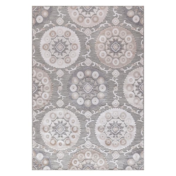 Beverly Rug Beige 5 ft. x 7 ft. Equator Medallion Bohemian Indoor Outdoor Area Rug