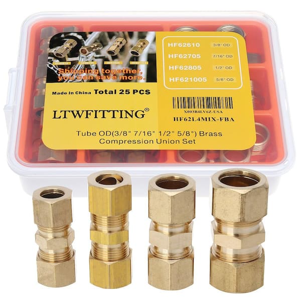 LTWFITTING Assortment Kit Tube OD 3/8" 7/16" 1/2" 5/8" Brass Compression Union Set (25-Pack)