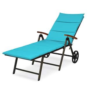Brown Folding Wicker Outdoor Chaise Lounge Chair with Turquoise Cushions and Wheels