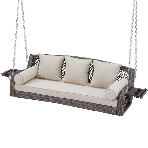 Sudzendf 3-Person Gray Wicker Patio Porch Swing with 3 Beige Back Cushions, Chains and Cup Holders