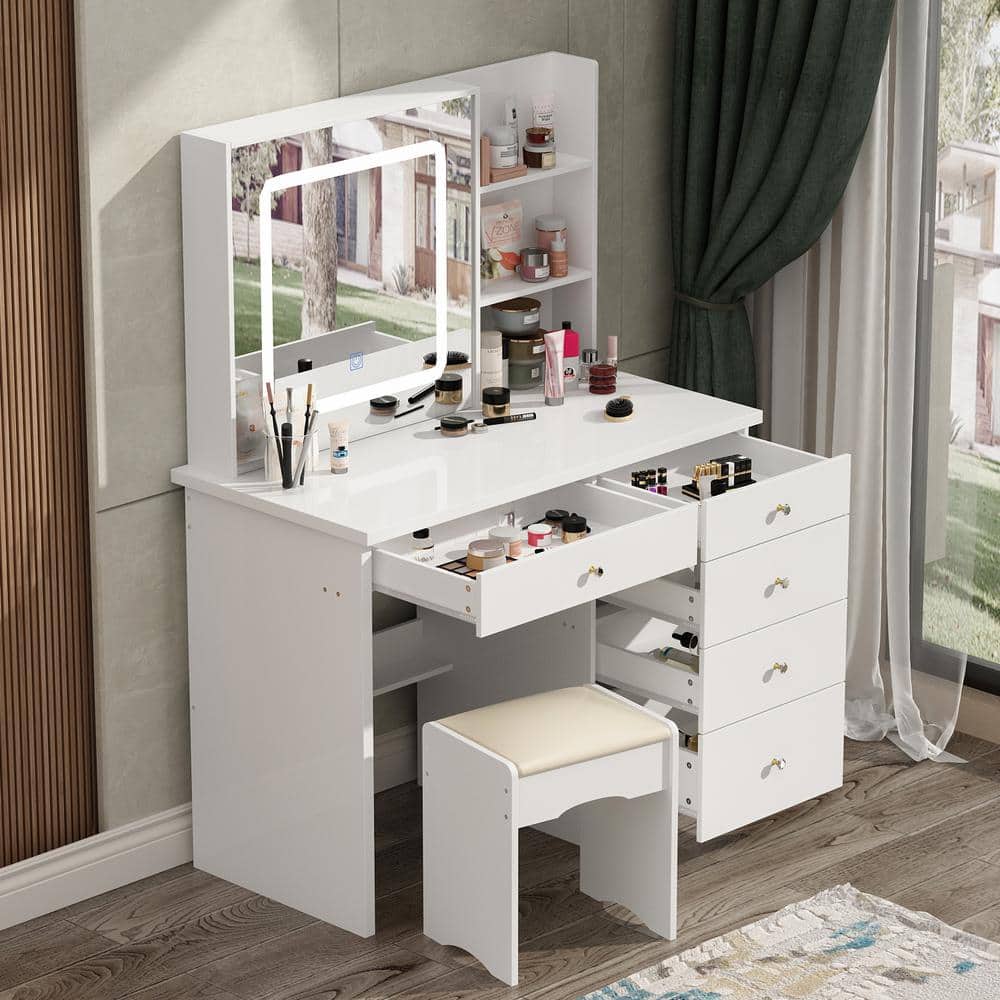 FUFU&GAGA 5-Drawers White Makeup Dressing Table Sets with LED Dimmable Mirror, Stool and 3-Tier Storage KF210141-01 - The Home Depot