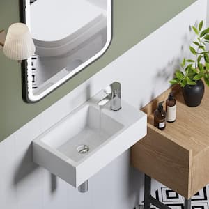Right Hand White Ceramic Wall-Mounted Rectangle Vessel Sink Porcelain