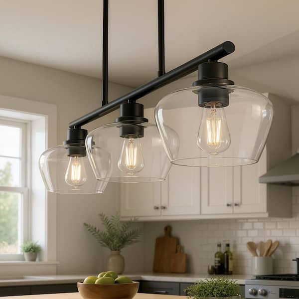 3-Light Black Kitchen Island Pendant Light, Farmhouse Chandelier with Large Clear Glass for Dining Room Table