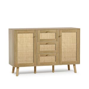Rattan Buffet Sideboard with 3 Drawers, Entryway Serving Accent Storage Cabinet Natural Oak