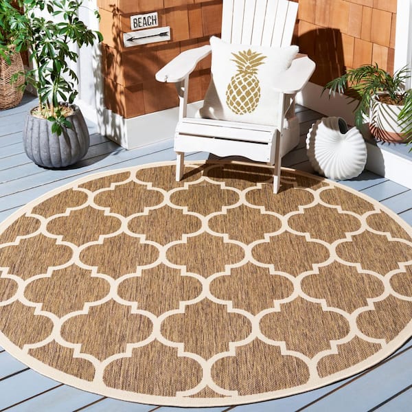 Courtyard Brown/Bone 4 ft. x 4 ft. Moroccan Geometric Indoor/Outdoor Round Area Rug
