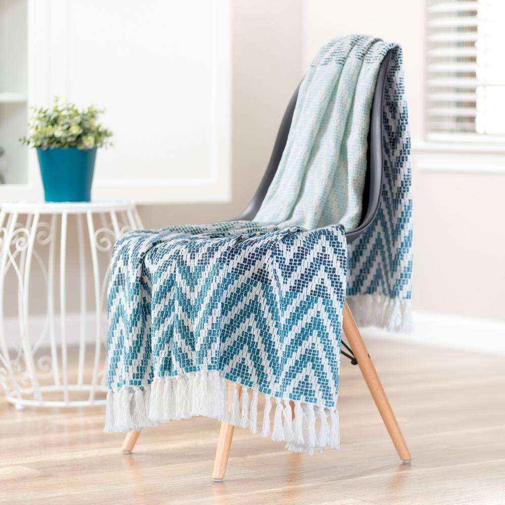 Blue and White Cotton Chevron Throw Blanket with Tassels