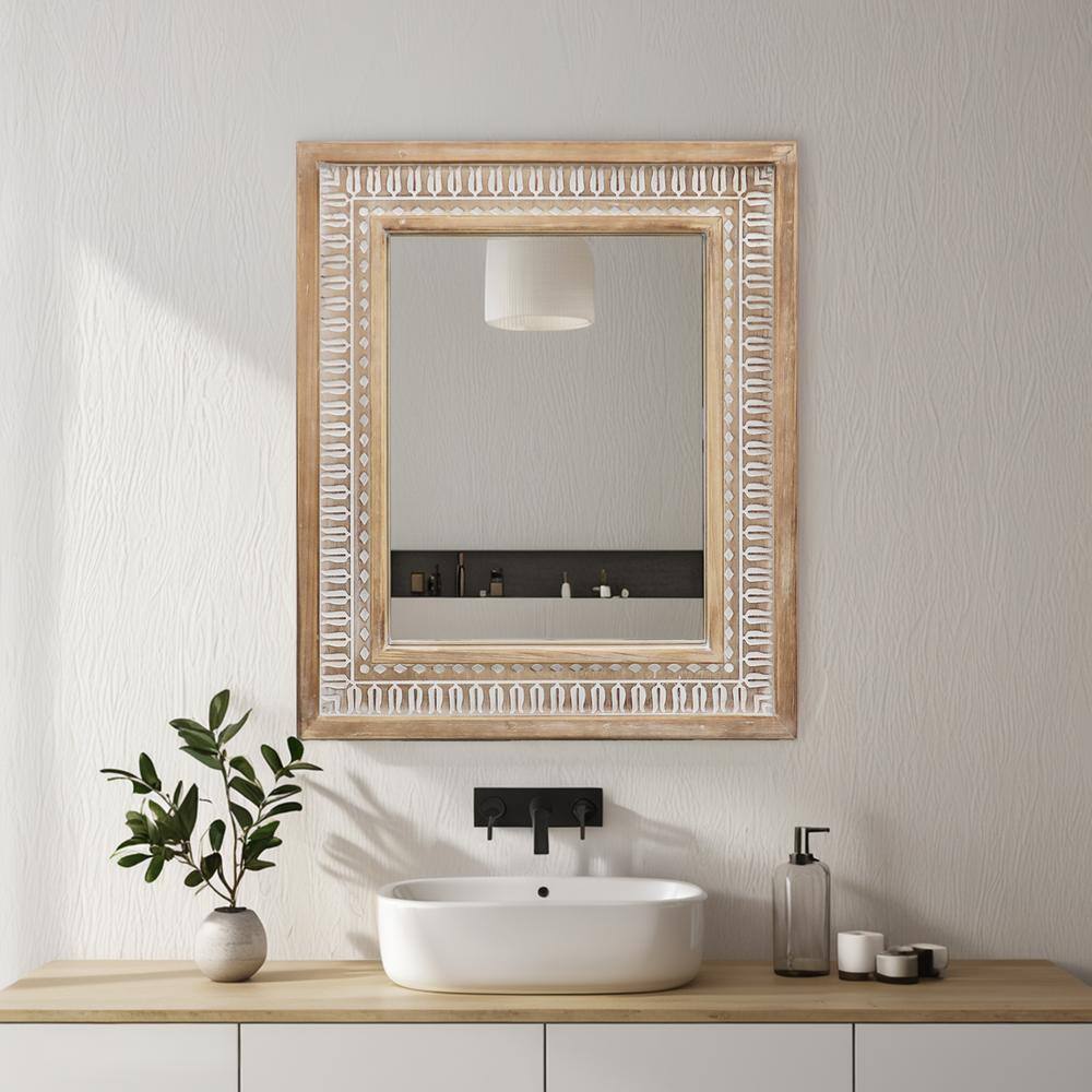 Medium Brown and White Carved Wood Farmhouse Decorative Mirror