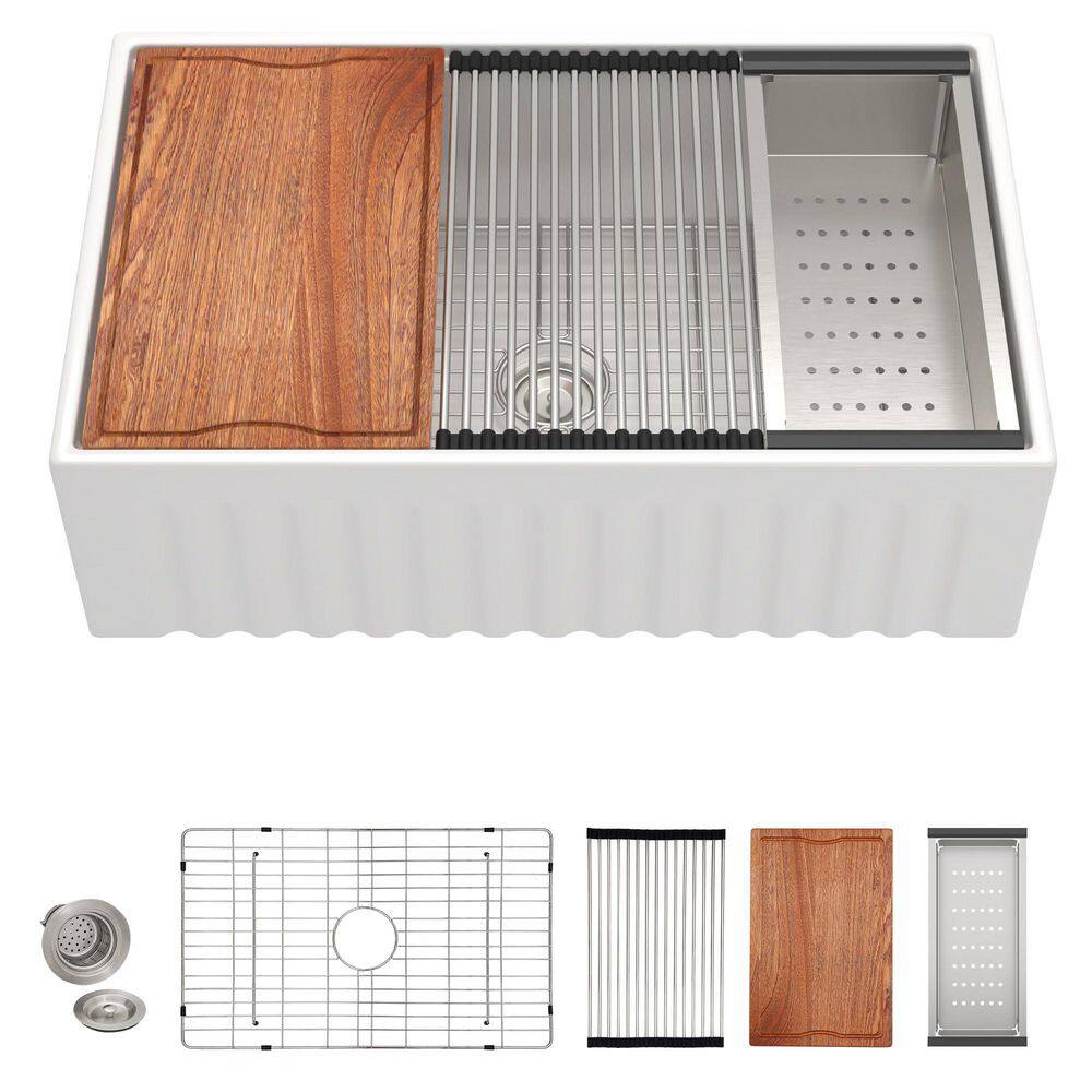 White Fireclay 30 in. Farmhouse Apron Front Ceramic Workstation Kitchen Sink, Single Bowl Rectangular sink Set price history on PriceWatchPro