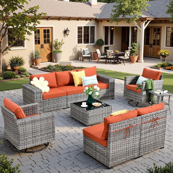 Baldwin Gray 9-Piece Wicker Wide Arm Outdoor Patio Conversation Sectional Set with Swivel Chairs and Orange Red Cushions