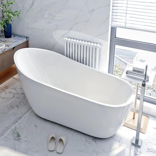 Magic Home 63 in. Acrylic Flatbottom Freestanding Non Whirlpool Soaking Bathtub in White