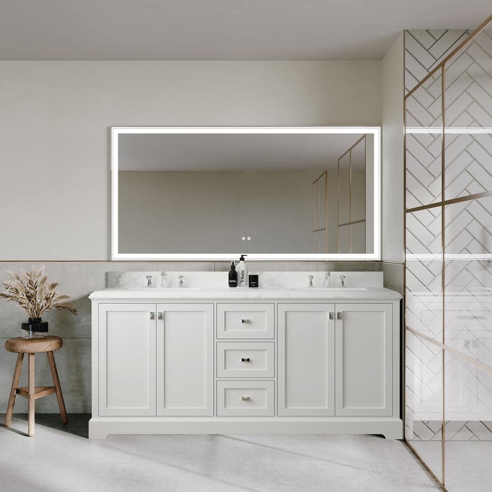 72'' White Plywood Double Bathroom Vanity with Marble Top