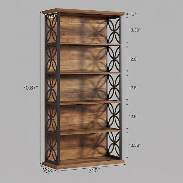 BYBLIGHT 70.87 in. Tall Brown Wood 6-Shelf Standard Bookcase with