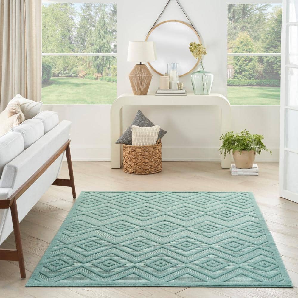Aqua Teal Diamond 5' x 7' Easy-Care Synthetic Outdoor Rug