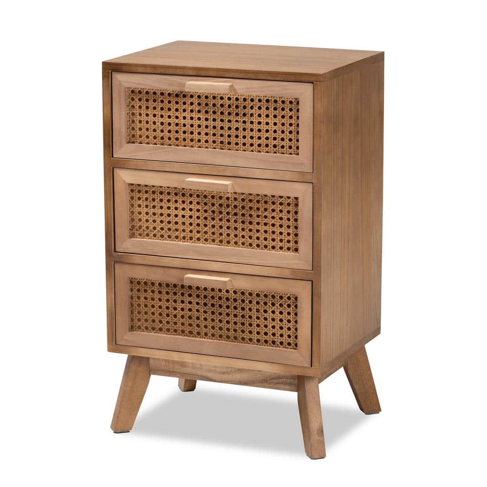 Walnut Brown Wood 3-Drawer Accent Table with Rattan