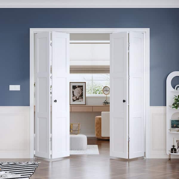 72 in. x 80 in. 3-Lite Panel White Finshed Solid Core Wood Interior Bi-Fold Door with Hardware