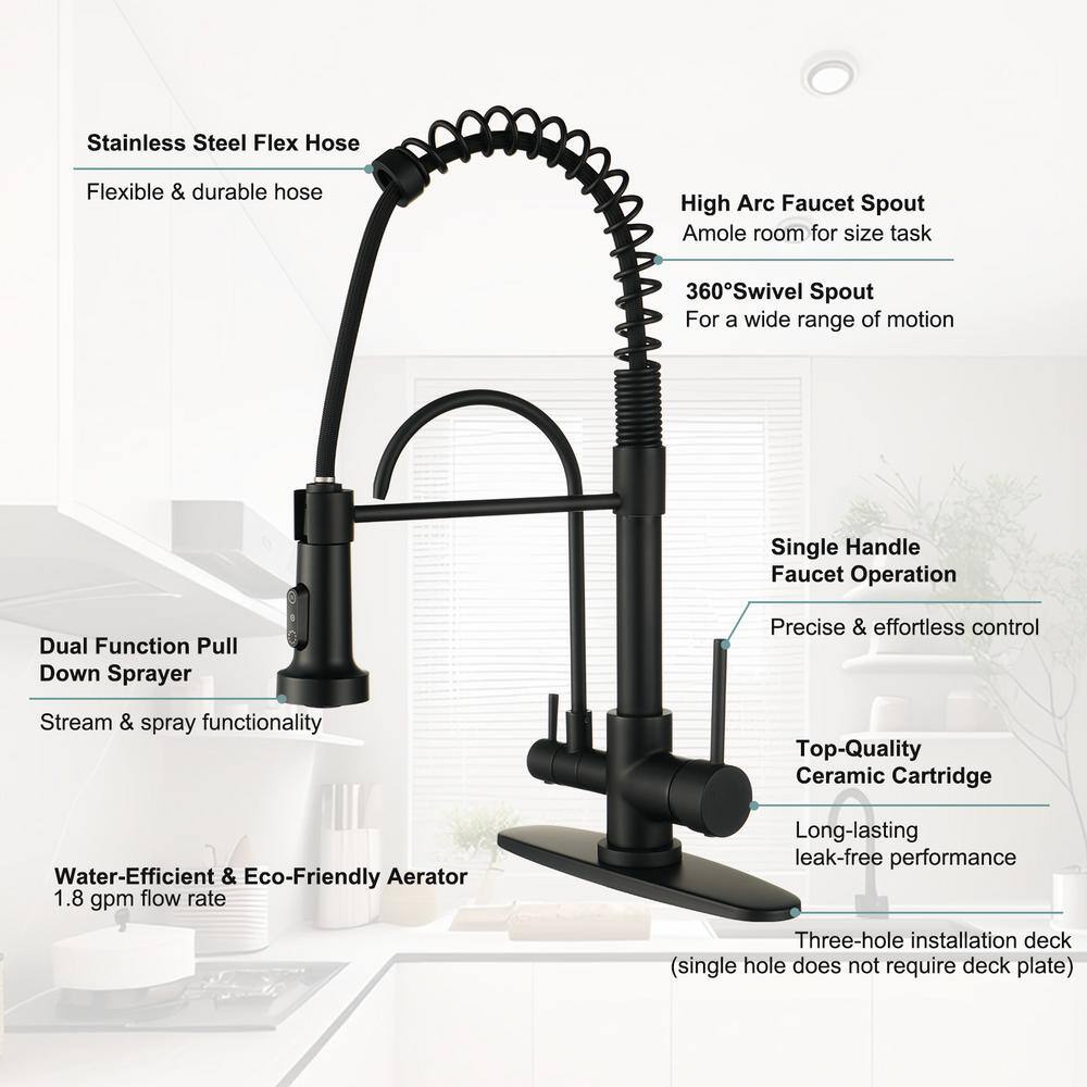 Matte Black Dual Handle Pull Down Kitchen Faucet with Sprayer