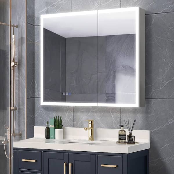 36 in. W x 30 in. H Rectangular Silver Aluminum Recessed/Surface Mount Lighted Medicine Cabinet with Mirror And Dimming