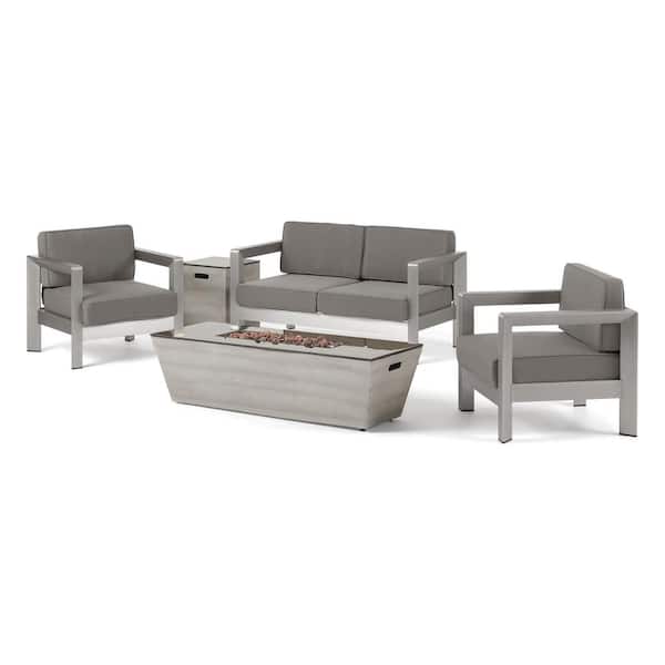 Noble House Amata Silver 5-Piece Aluminum Outdoor Patio Fire Pit Seating Set with Khaki Cushions