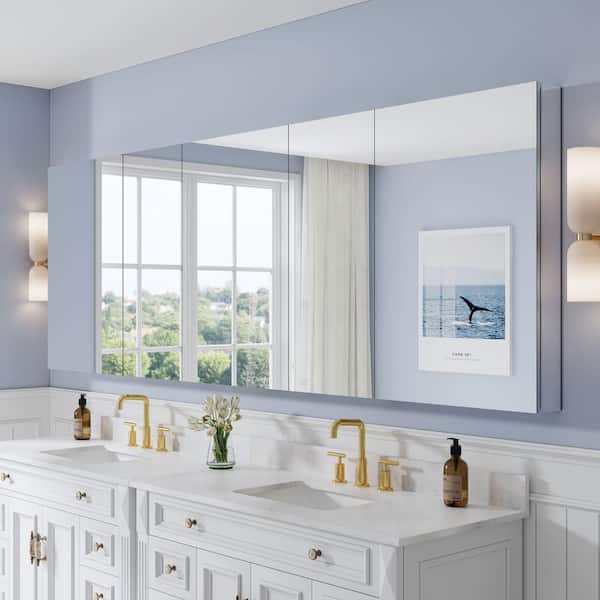 ROSA 104 in. W x 36 in. H Surface/Recessed Mount Rectangular Tri-View Aluminum Medicine Cabinet with Mirror, Combo Set