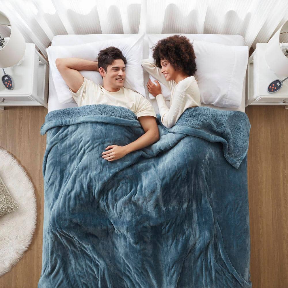 Twin Blue Reversible Plush Heated Blanket