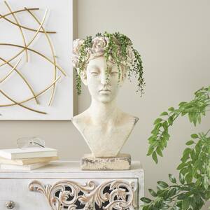 22 x 11 x 10 in. Cream Ceramic Woman Distressed Antique Greek Bust Planter with Floral Accents